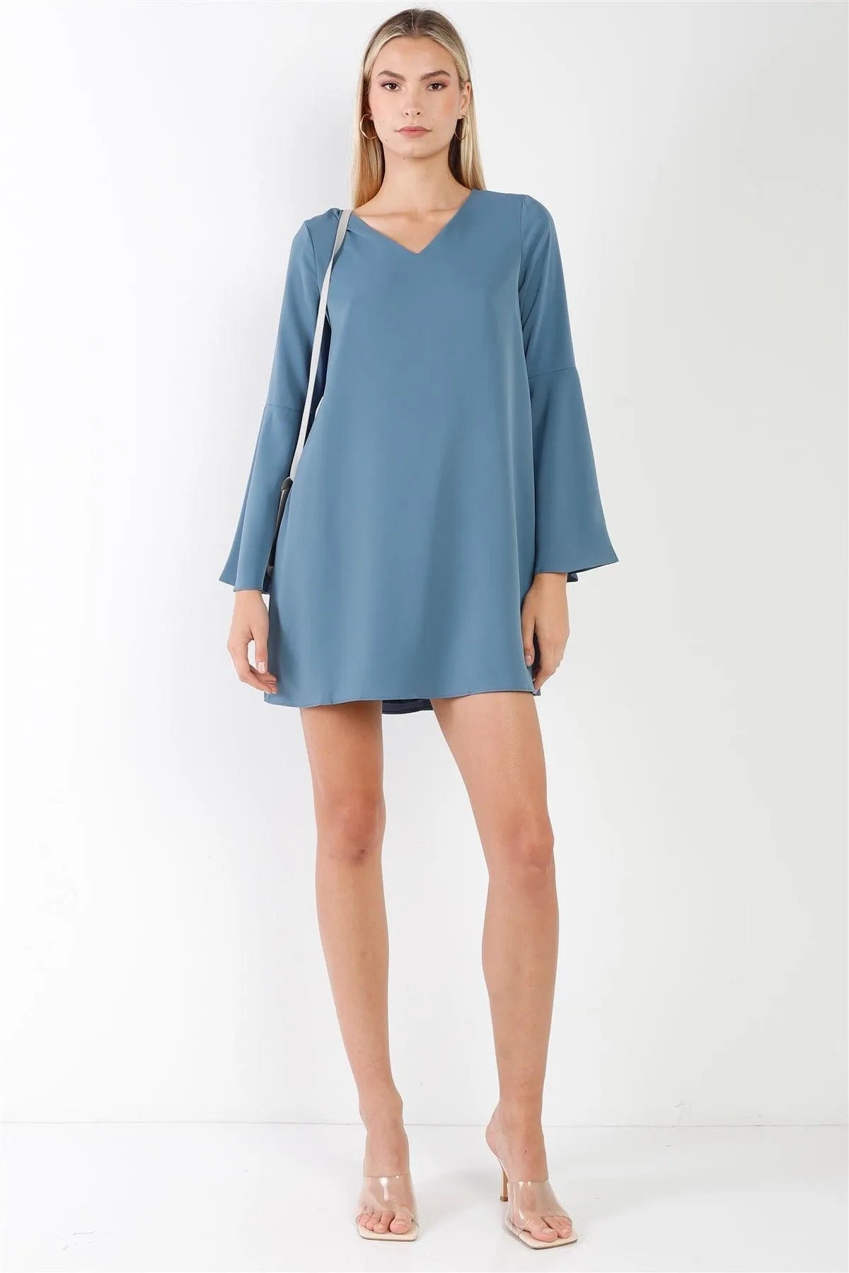 Slate Blue V-Neck Trumpet Sleeve Detail Flowing Relaxed Mini Dress /1-1-2-2-1 - Tasha Apparel Wholesale