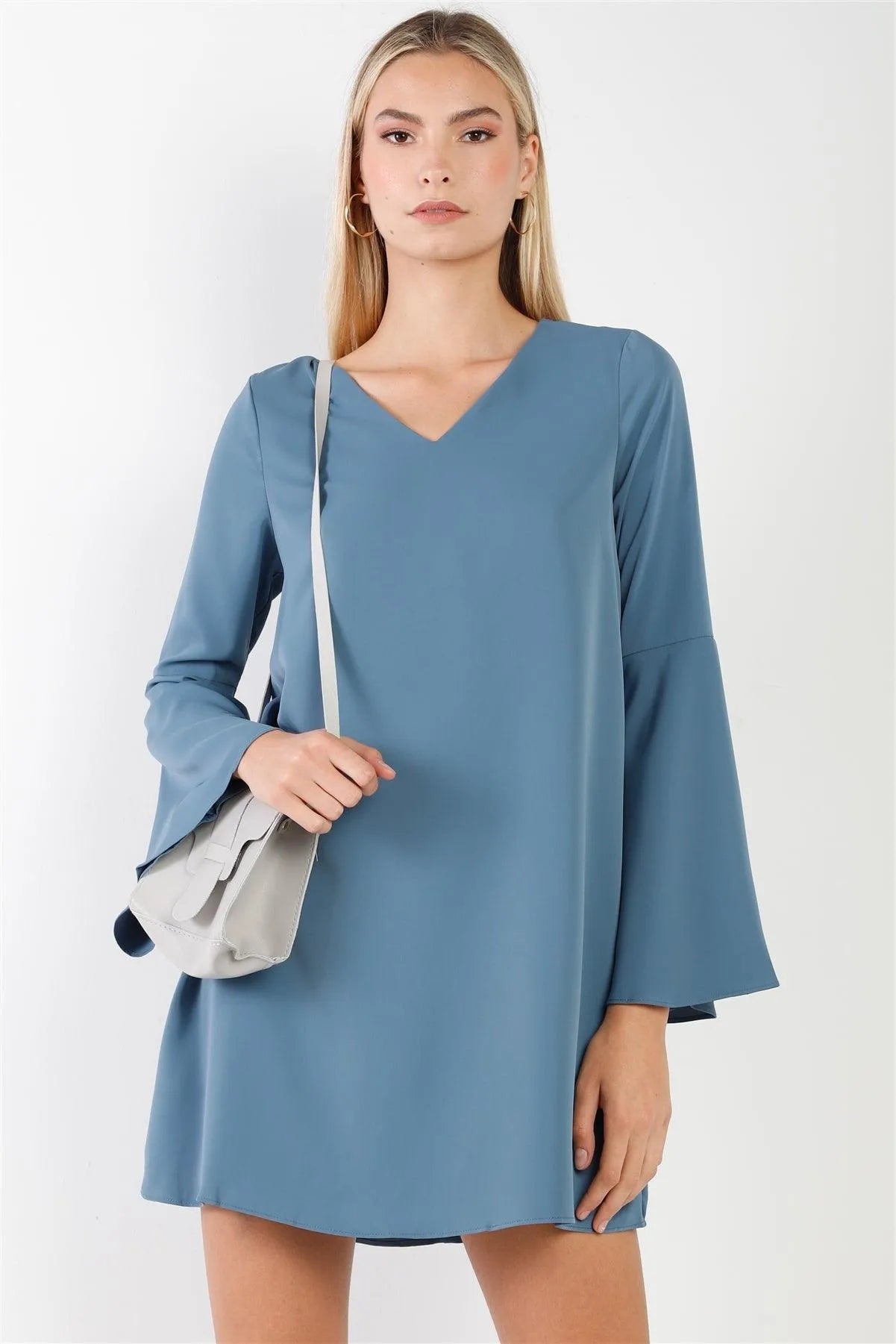 Slate Blue V-Neck Trumpet Sleeve Detail Flowing Relaxed Mini Dress /1-1-2-2-1 - Tasha Apparel Wholesale