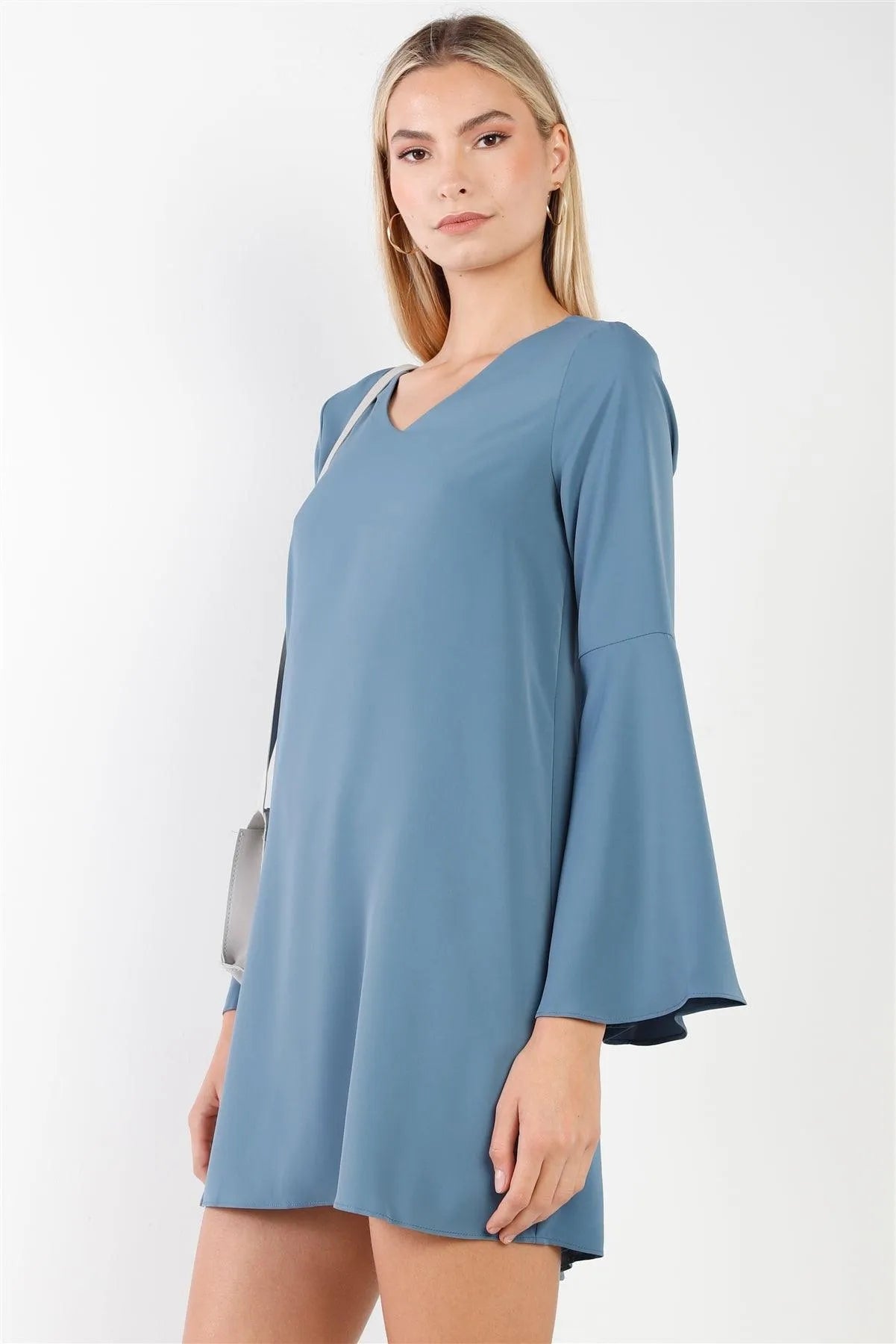 Slate Blue V-Neck Trumpet Sleeve Detail Flowing Relaxed Mini Dress /1-1-2-2-1 - Tasha Apparel Wholesale