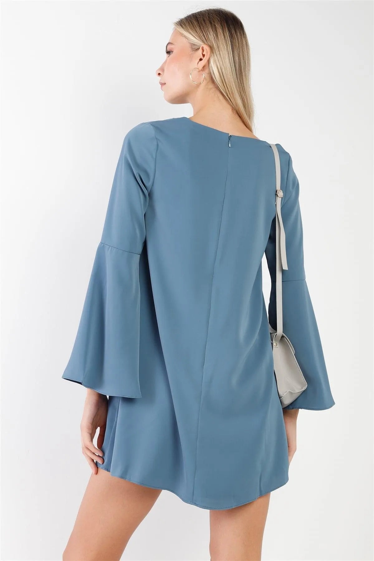 Slate Blue V-Neck Trumpet Sleeve Detail Flowing Relaxed Mini Dress /1-1-2-2-1 - Tasha Apparel Wholesale