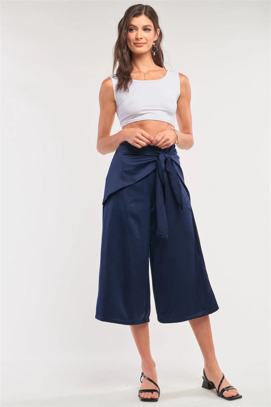 Solid Navy Satin High Waisted Wrap Tie Midi Pants /1-2-3-1 - Tasha Apparel Wholesale