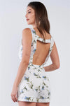 White Floral Print Cotton Relaxed Fit Sleeveless Cut Out Back V-Neck Belted Romper /1-2-2-1 - Tasha Apparel Wholesale