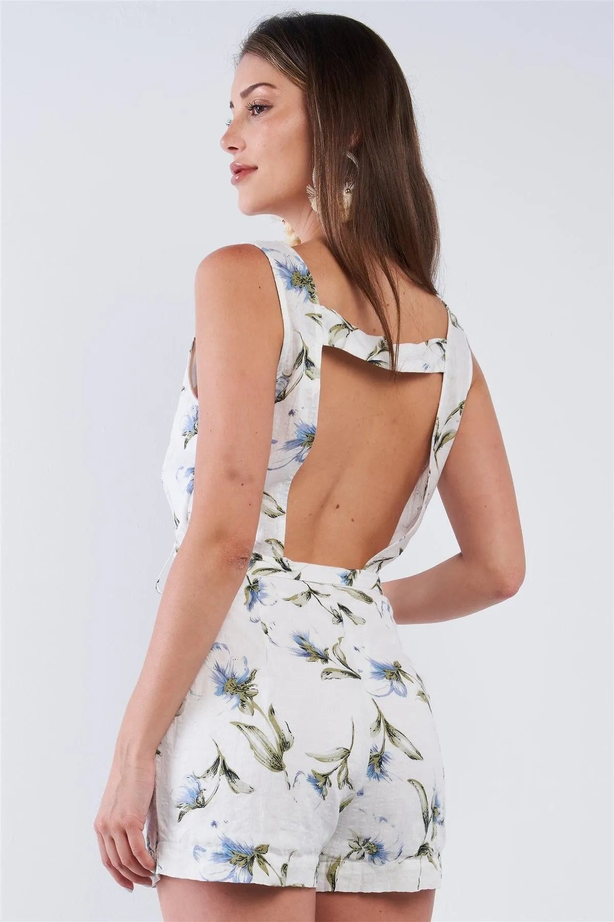 White Floral Print Cotton Relaxed Fit Sleeveless Cut Out Back V-Neck Belted Romper /1-2-2-1 - Tasha Apparel Wholesale