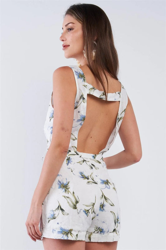 White Floral Print Cotton Relaxed Fit Sleeveless Cut Out Back V-Neck Belted Romper /1-2-2-1 - Tasha Apparel Wholesale