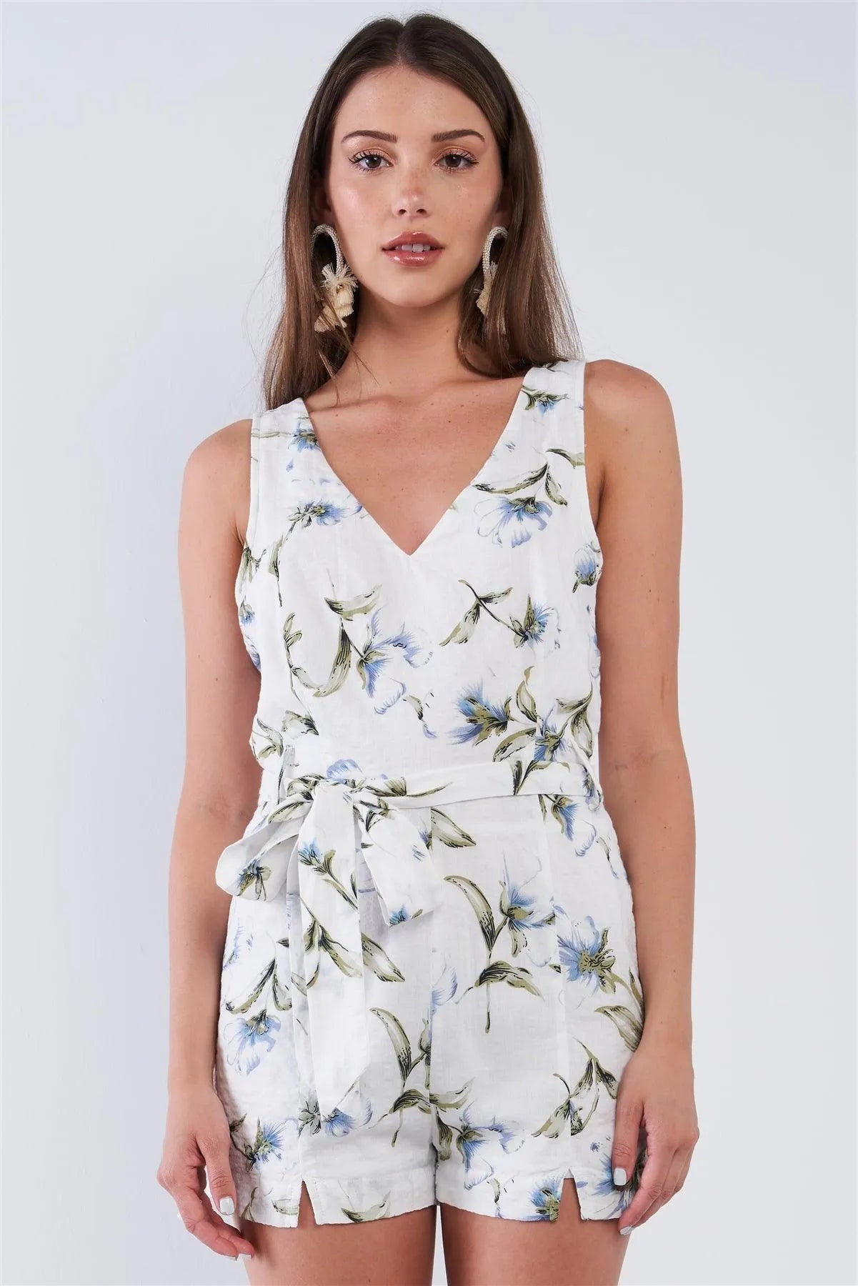 White Floral Print Cotton Relaxed Fit Sleeveless Cut Out Back V-Neck Belted Romper /1-2-2-1 - Tasha Apparel Wholesale