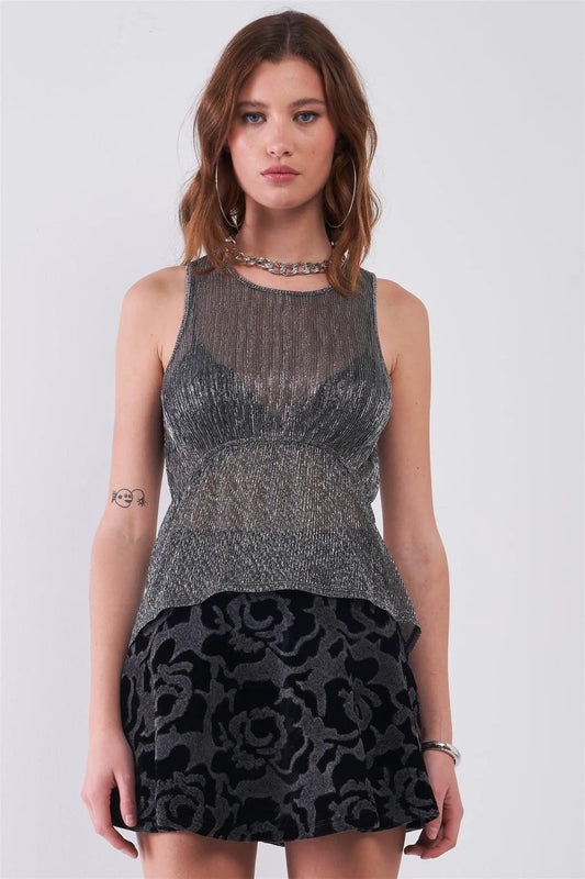 Black & Silver Pleated See Through Sleeveless Round Neck Asymmetrical Elasticated Waistline Back Keyhole Top /1-2-2 - Tasha Apparel Wholesale