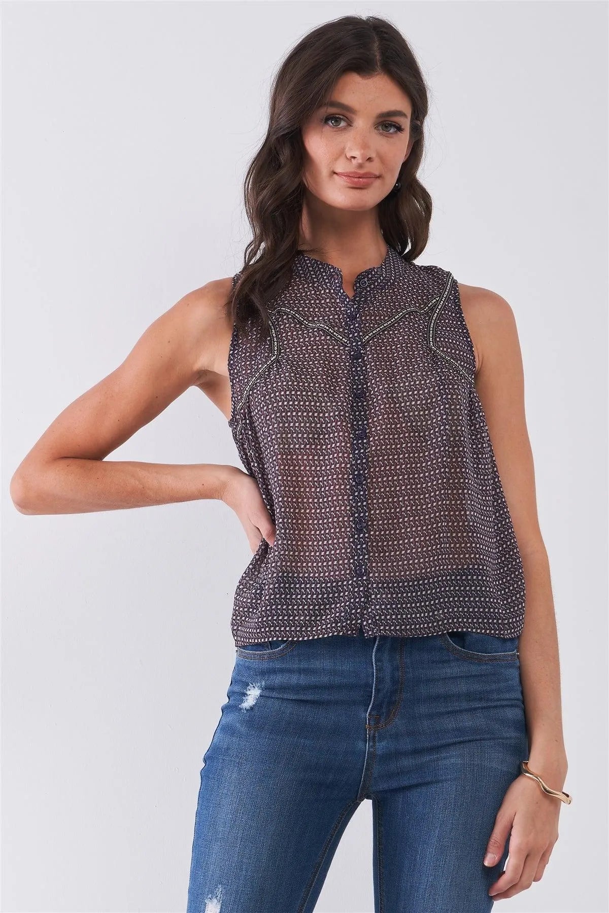 Purple & Multi Sleeveless Mock Neck Front Button Down Sheer Blouse Top /1-2-2-1 - Tasha Apparel Wholesale