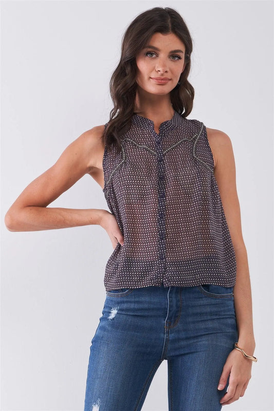 Purple & Multi Sleeveless Mock Neck Front Button Down Sheer Blouse Top /1-2-2-1 - Tasha Apparel Wholesale