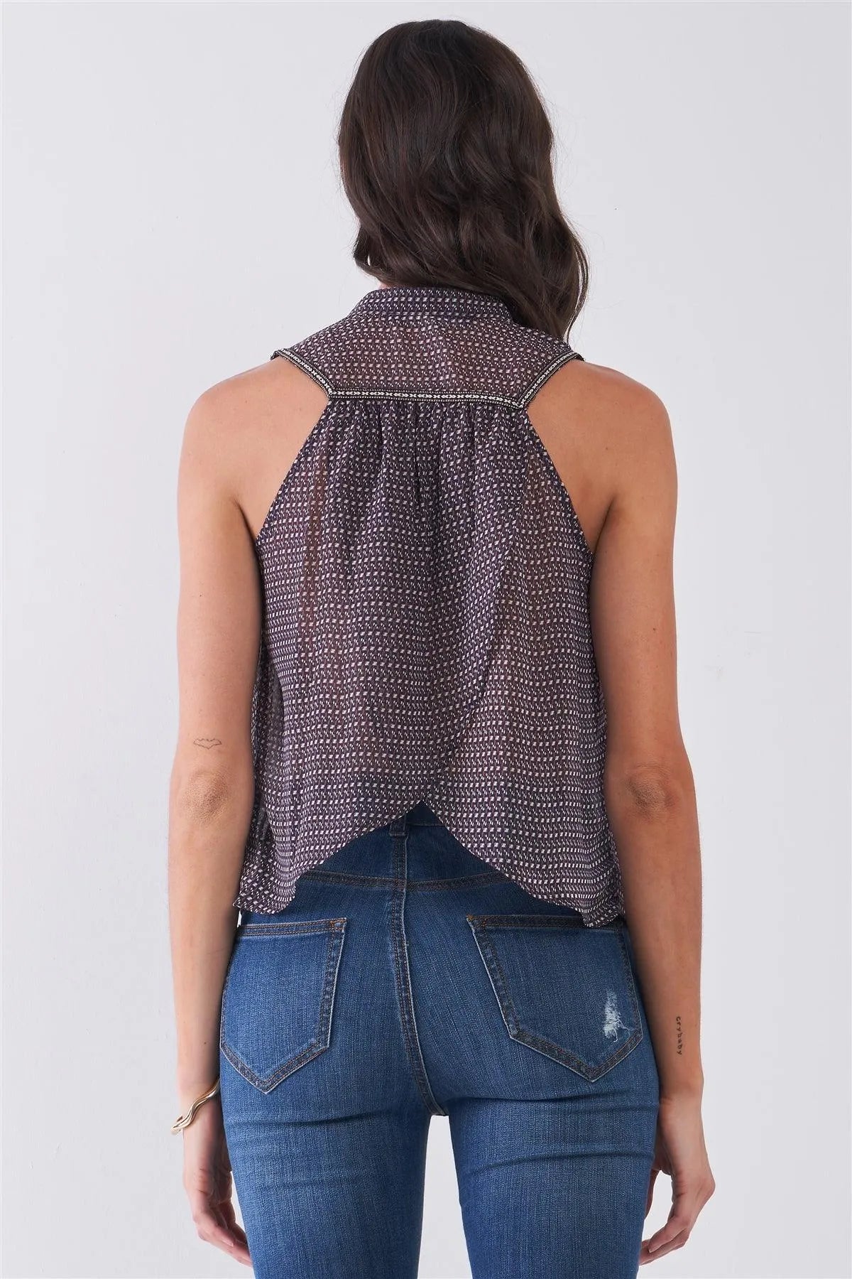 Purple & Multi Sleeveless Mock Neck Front Button Down Sheer Blouse Top /1-2-2-1 - Tasha Apparel Wholesale