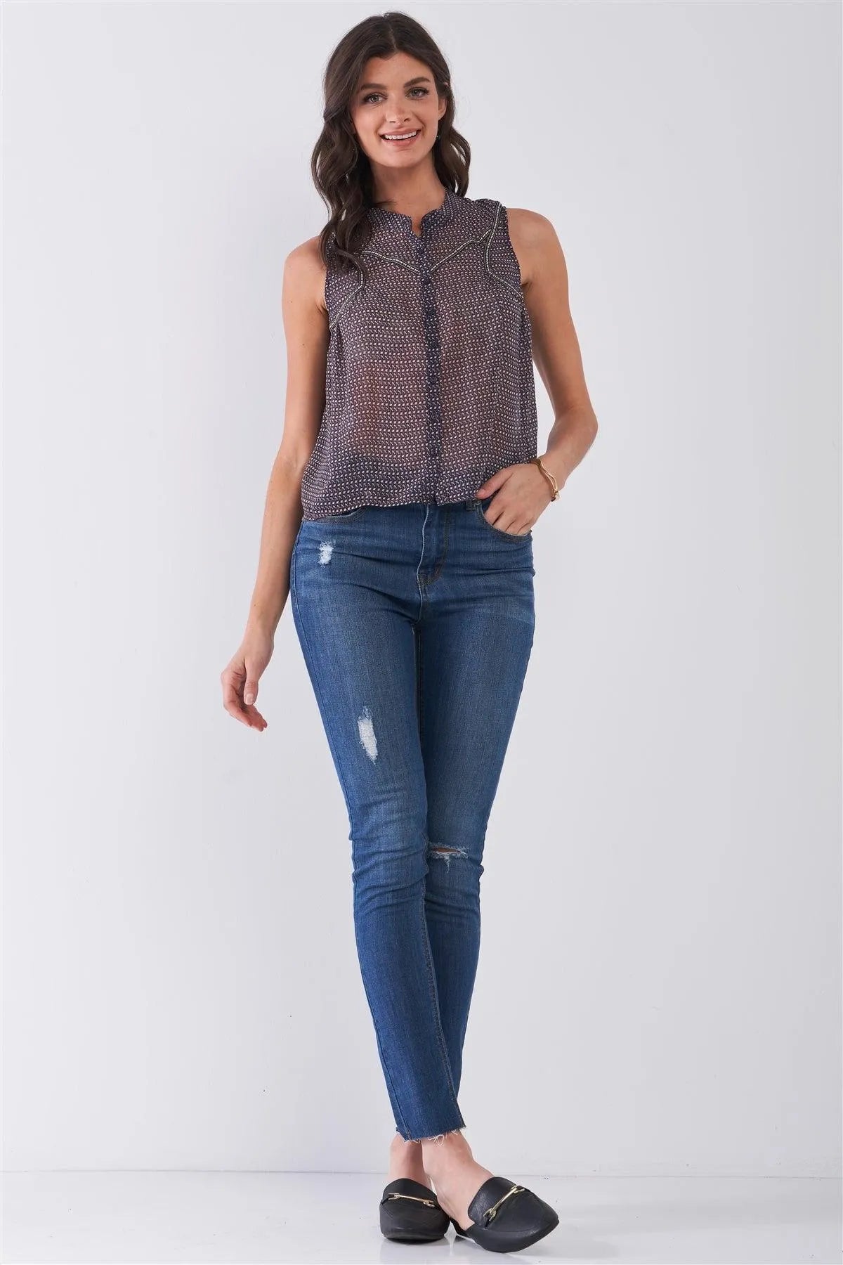 Purple & Multi Sleeveless Mock Neck Front Button Down Sheer Blouse Top /1-2-2-1 - Tasha Apparel Wholesale