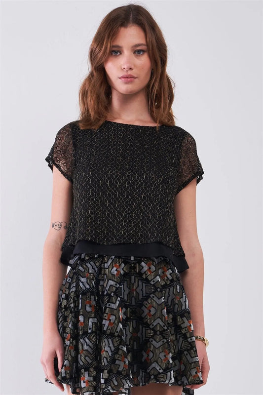 Black & Gold Thread Crew Neck Crochet Layered Short Sleeve Back Strap Detail Top /1-2-2-1 - Tasha Apparel Wholesale