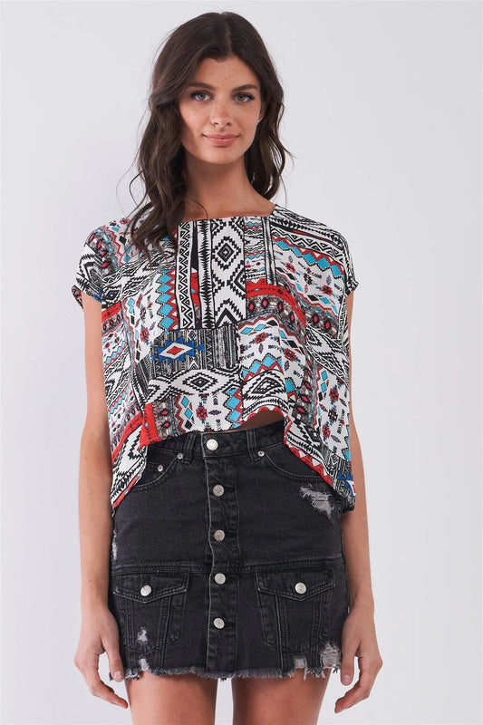 White Multi Geometric Square Neck Short Sleeve Loose Fit Top /1-2-2-1 - Tasha Apparel Wholesale