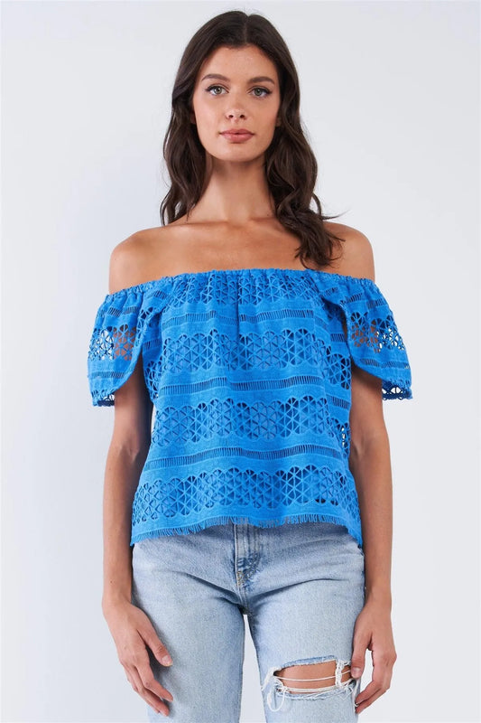 Blue Crochet Off-The-Shoulder Angel Wing Mini Sleeve Multi Pattern Lined Top - Tasha Apparel Wholesale