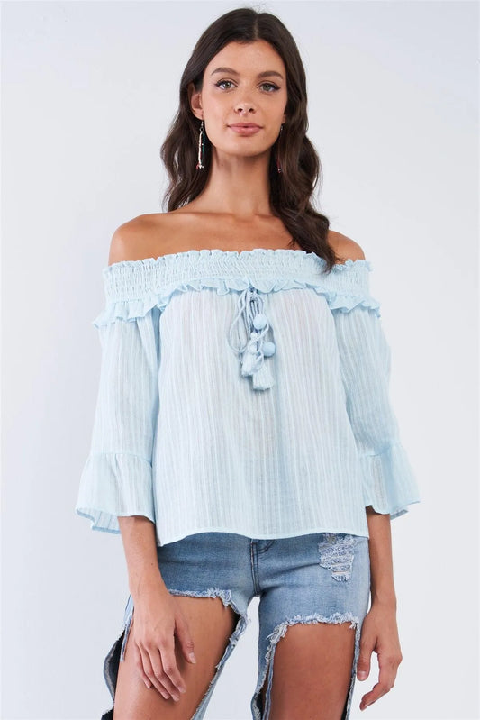 Light Blue Off-The-Shoulder Frill Shoulder Hem Wide Midi Sleeve Loose Fit Front Tassel Tie Peasant Top With Pompom Detail /1-2-2-1 - Tasha Apparel Wholesale