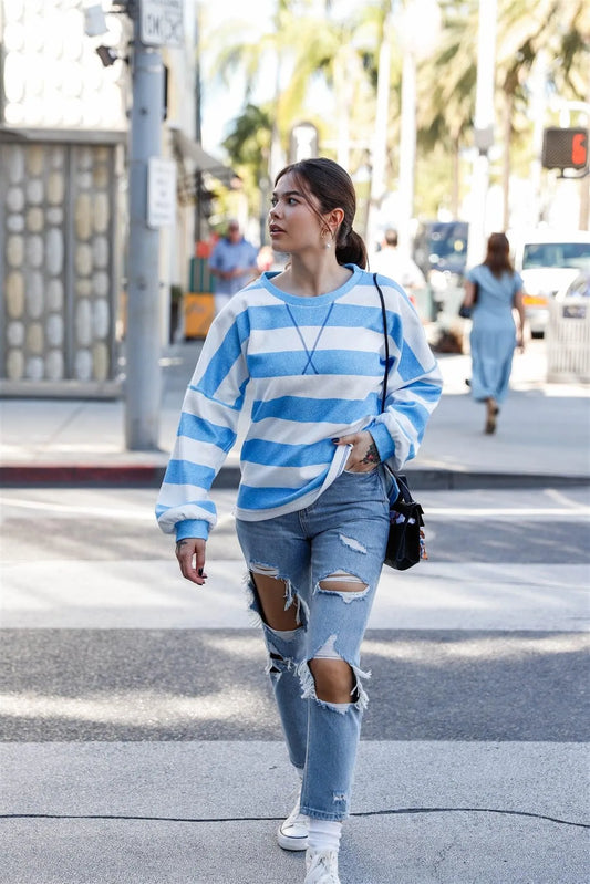 Blue & White Striped Blanket Blend Sweatshirt /2-2-2 - Tasha Apparel Wholesale