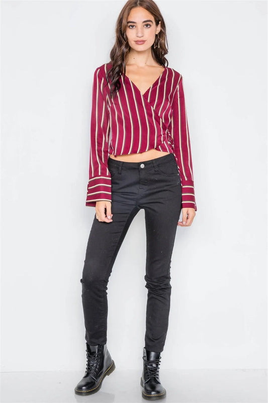 Burgundy Satin Self-Tie V-Neck Crop Blouse /2-2-2 - Tasha Apparel Wholesale