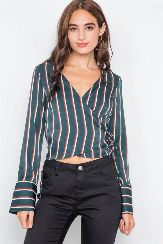 Heather Green Satin Self-Tie V-Neck Crop Blouse /2-2-2 - Tasha Apparel Wholesale