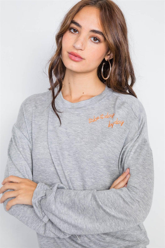 Heather Grey "TAKE IT DAY BY DAY" Graphic Cozy Flounce Cuff Sweater /2-2-2 - Tasha Apparel Wholesale