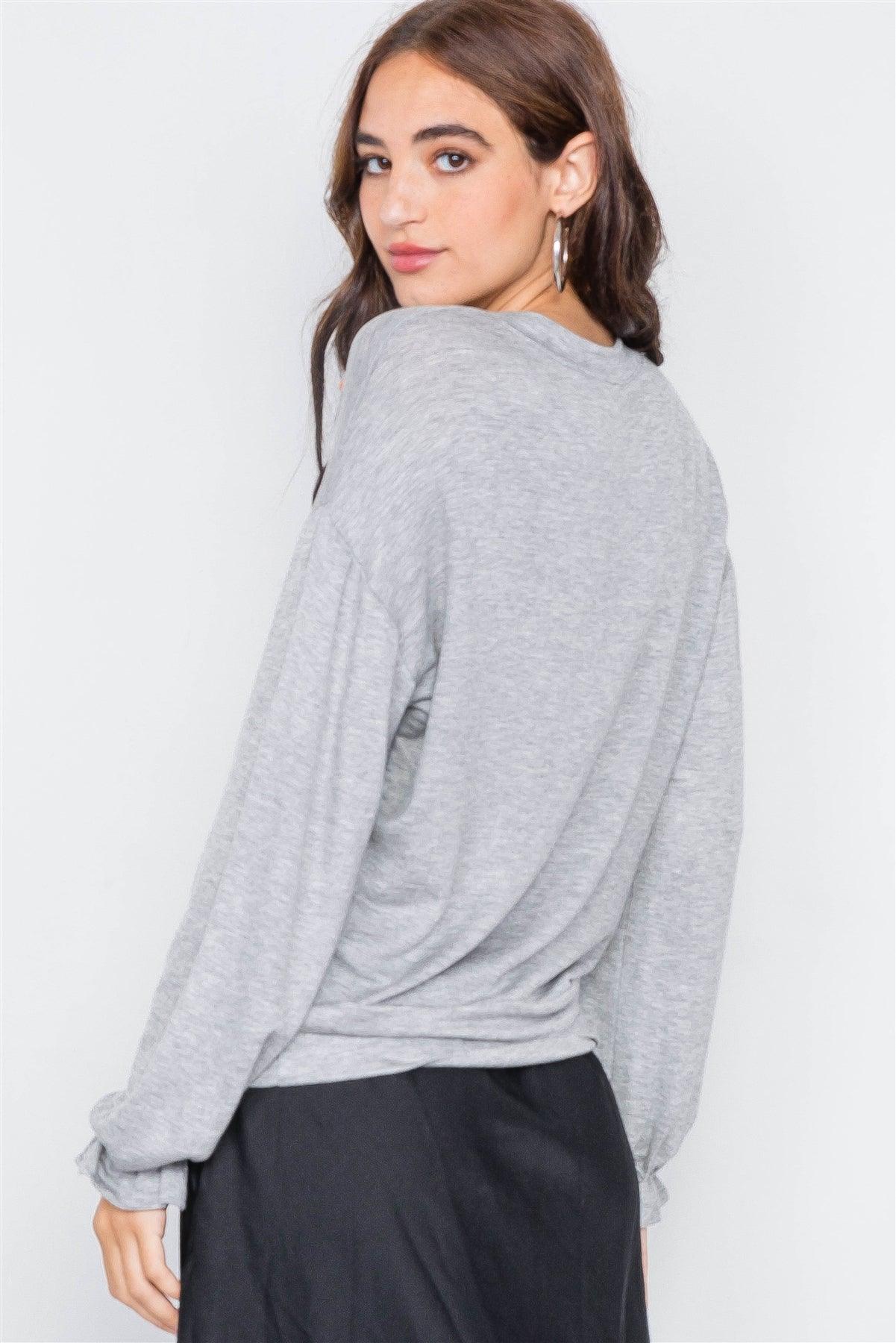Heather Grey "TAKE IT DAY BY DAY" Graphic Cozy Flounce Cuff Sweater /2-2-2