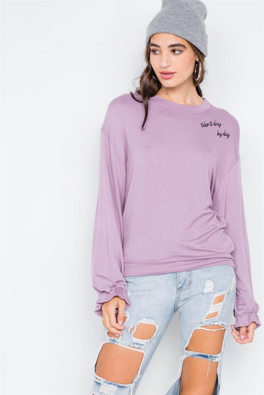 Lavender "Take It Day By Day" Cozy Flounce Cuff Sweater /2-2-2 - Tasha Apparel Wholesale