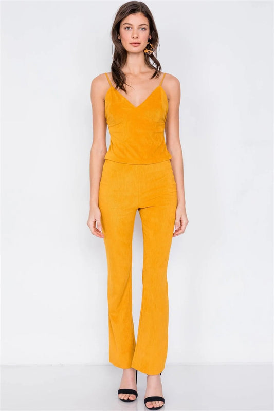 Mustard Suede Corduroy Vintage Crop & High-Waist Flare Pant Set /2-2-2 - Tasha Apparel Wholesale