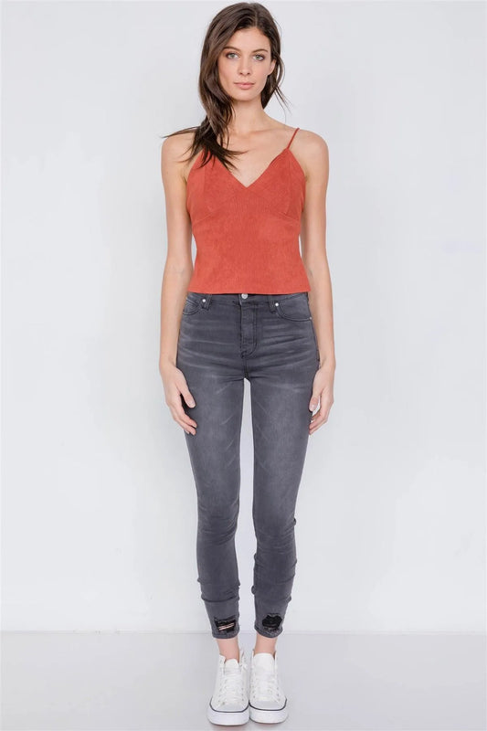 Rust Suede Corduroy Vintage Triangle Cup Crop Top /2-2 - Tasha Apparel Wholesale
