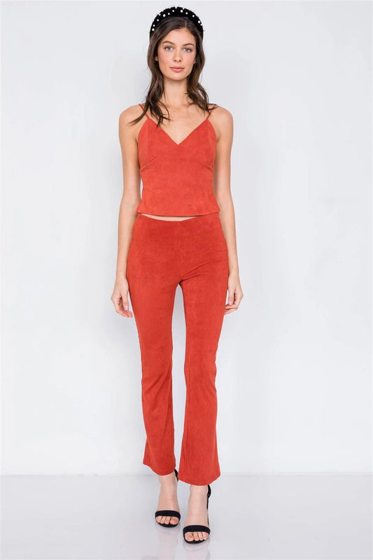 Rust Suede Corduroy Vintage Crop & High-Waist Flare Pant Set /2-2-2 - Tasha Apparel Wholesale