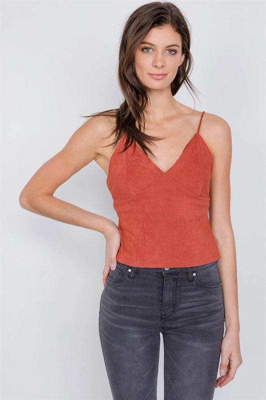 Rust Suede Corduroy Vintage Triangle Cup Crop Top /2-2-2 - Tasha Apparel Wholesale