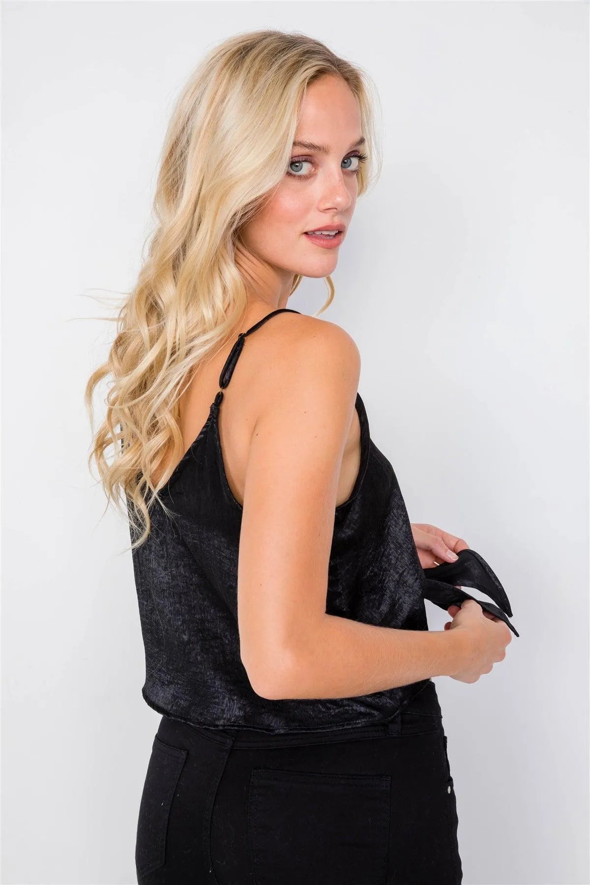 Black Silk V-Neck Front Knot Button Down Casual Chic Top /2-2-2 - Tasha Apparel Wholesale