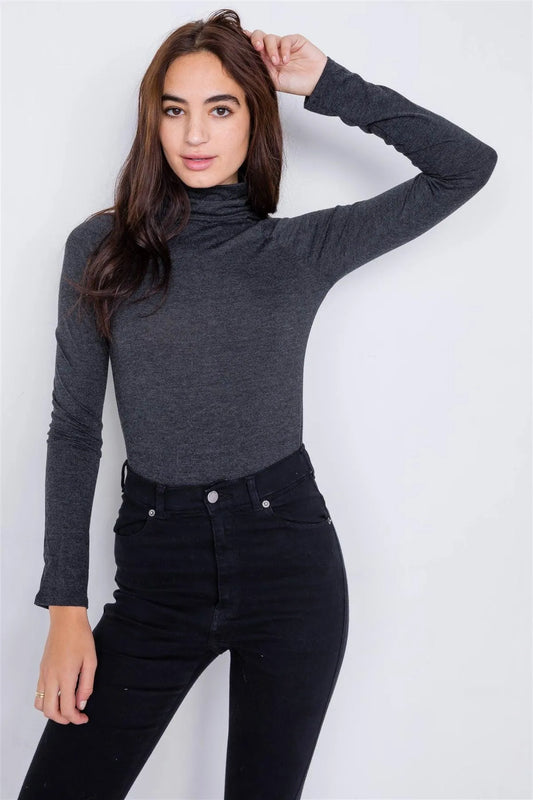 Charcoal Grey Solid Turtleneck Bodysuit /2-2-2 - Tasha Apparel Wholesale