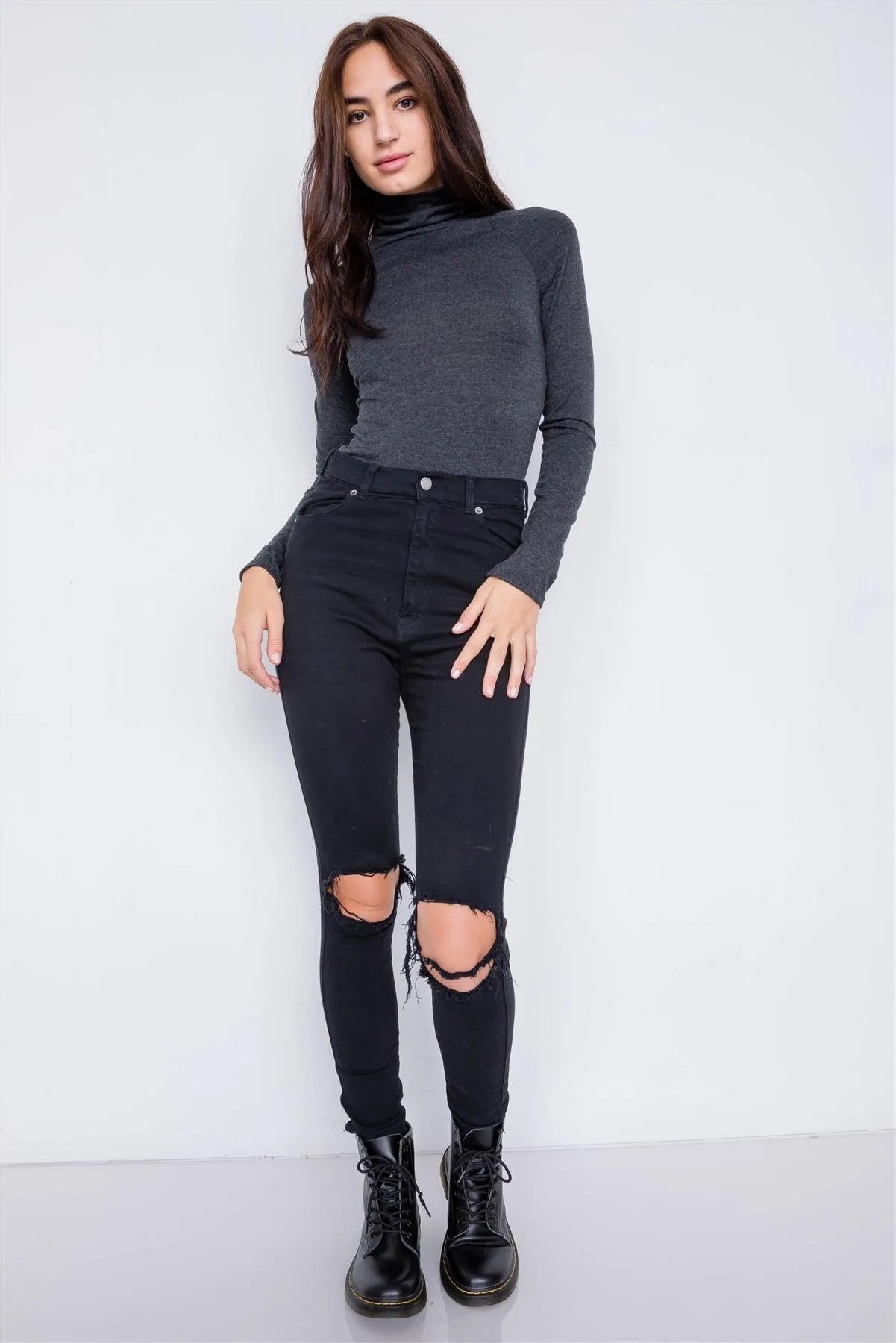Charcoal Grey Solid Turtleneck Bodysuit /2-2-2 - Tasha Apparel Wholesale