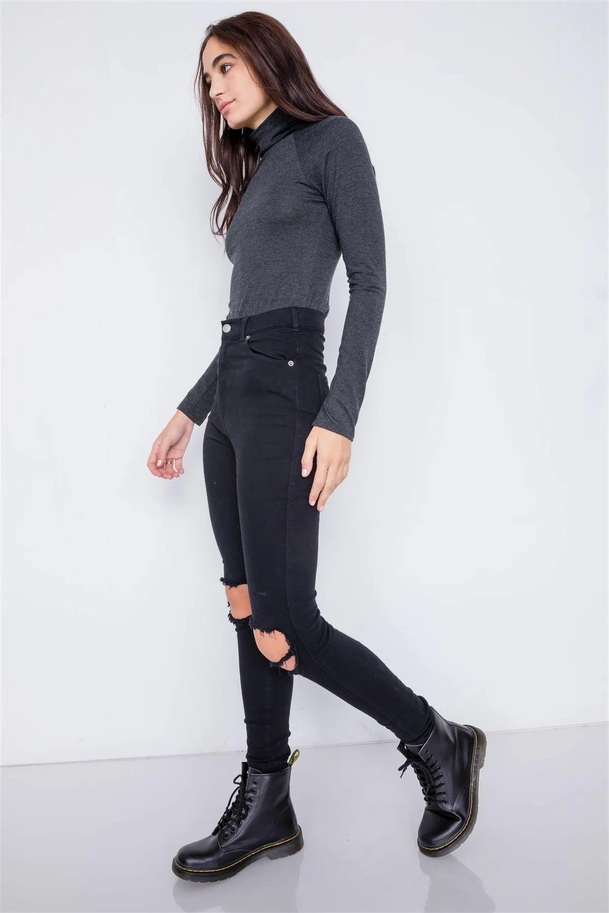 Charcoal Grey Solid Turtleneck Bodysuit /2-2-2 - Tasha Apparel Wholesale