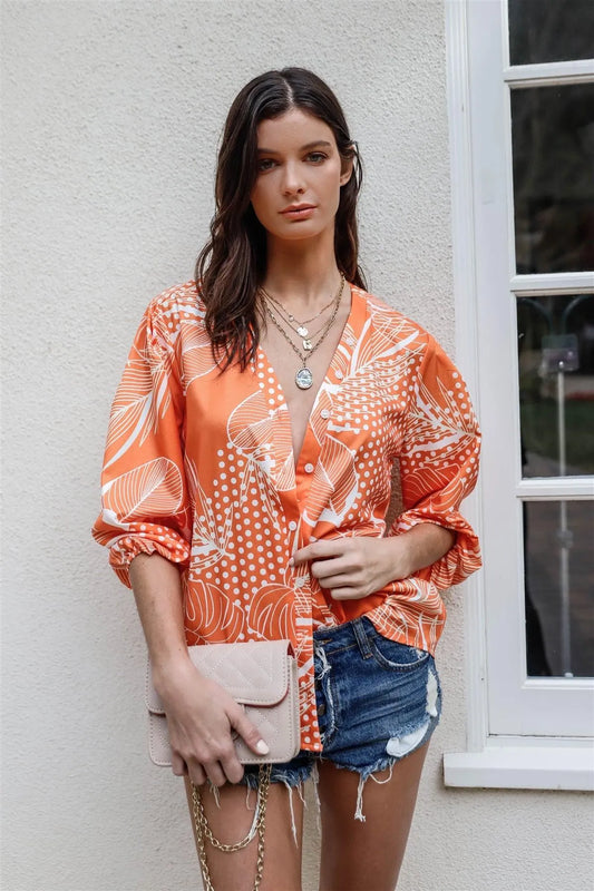 Orange Polka Dot Leaves Print Button Up Detail Balloon Sleeve Top /2-2-1 - Tasha Apparel Wholesale