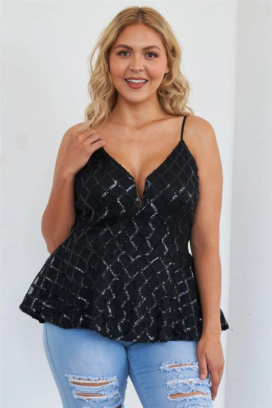 Plus Size Black Sleeveless Sequin V-Neck Peplum Top - Tasha Apparel Wholesale