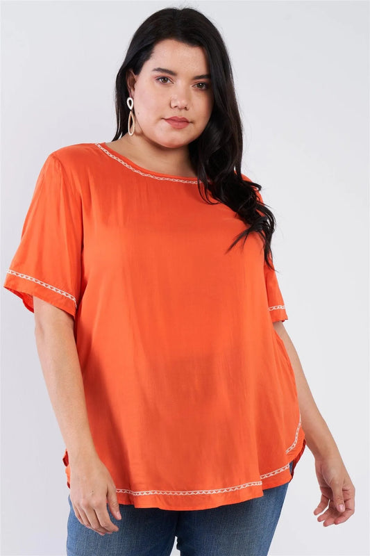 Junior Plus Size Tangerine Orange Embroidered Hem Short Sleeve Top /1-1-2 - Tasha Apparel Wholesale