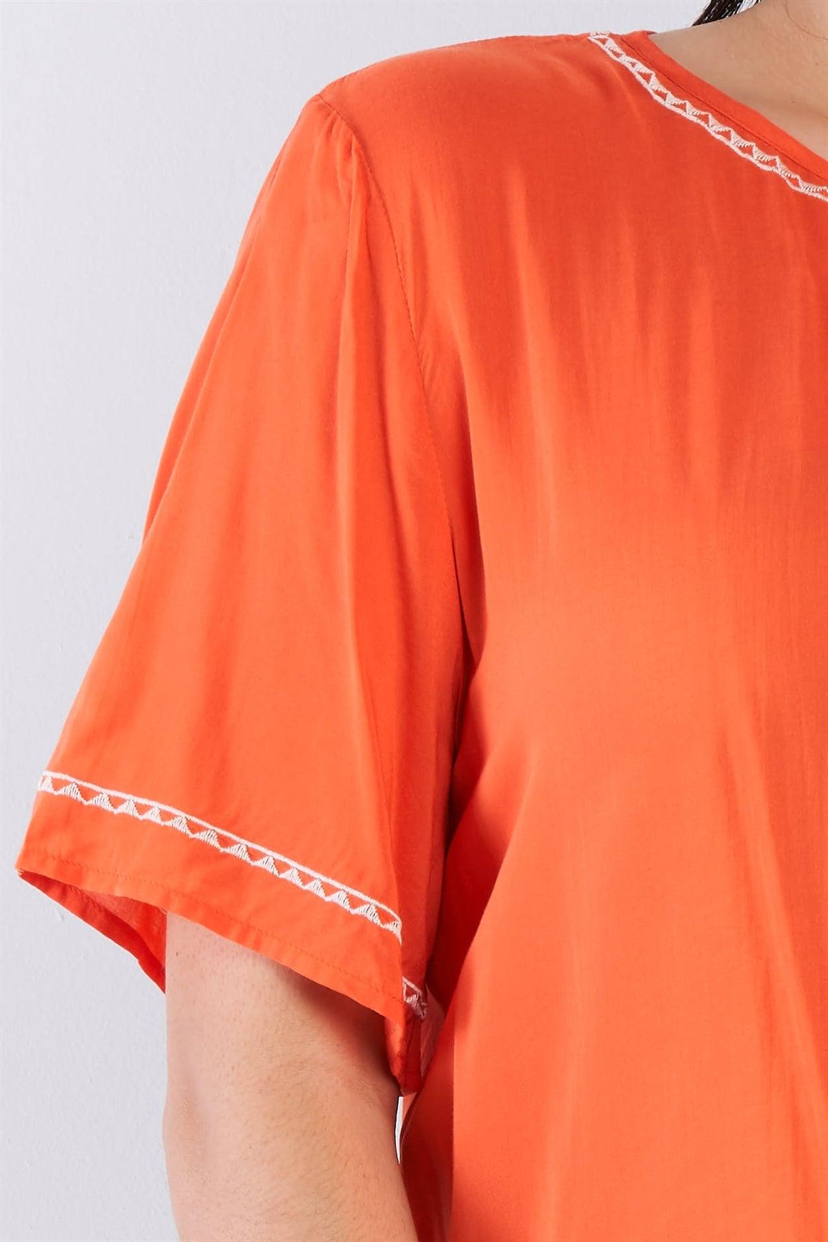 Junior Plus Size Tangerine Orange Embroidered Hem Short Sleeve Top /1-1-2