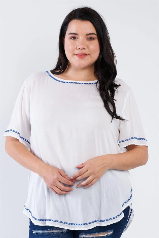 Junior Plus Size White Embroidered Hem Short Sleeve Top /2-2-2 - Tasha Apparel Wholesale