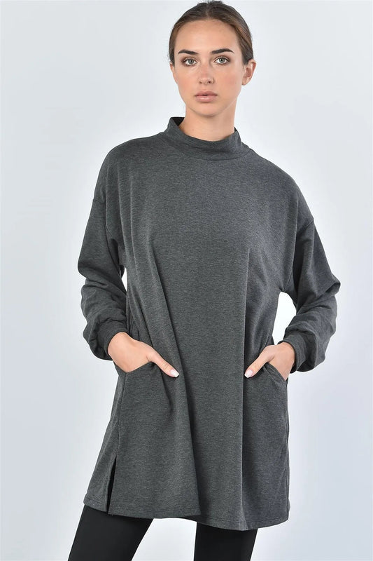 Charcoal Stand Up Collar Sweat Shirt Side Slit Top / 2-2-2 - Tasha Apparel Wholesale