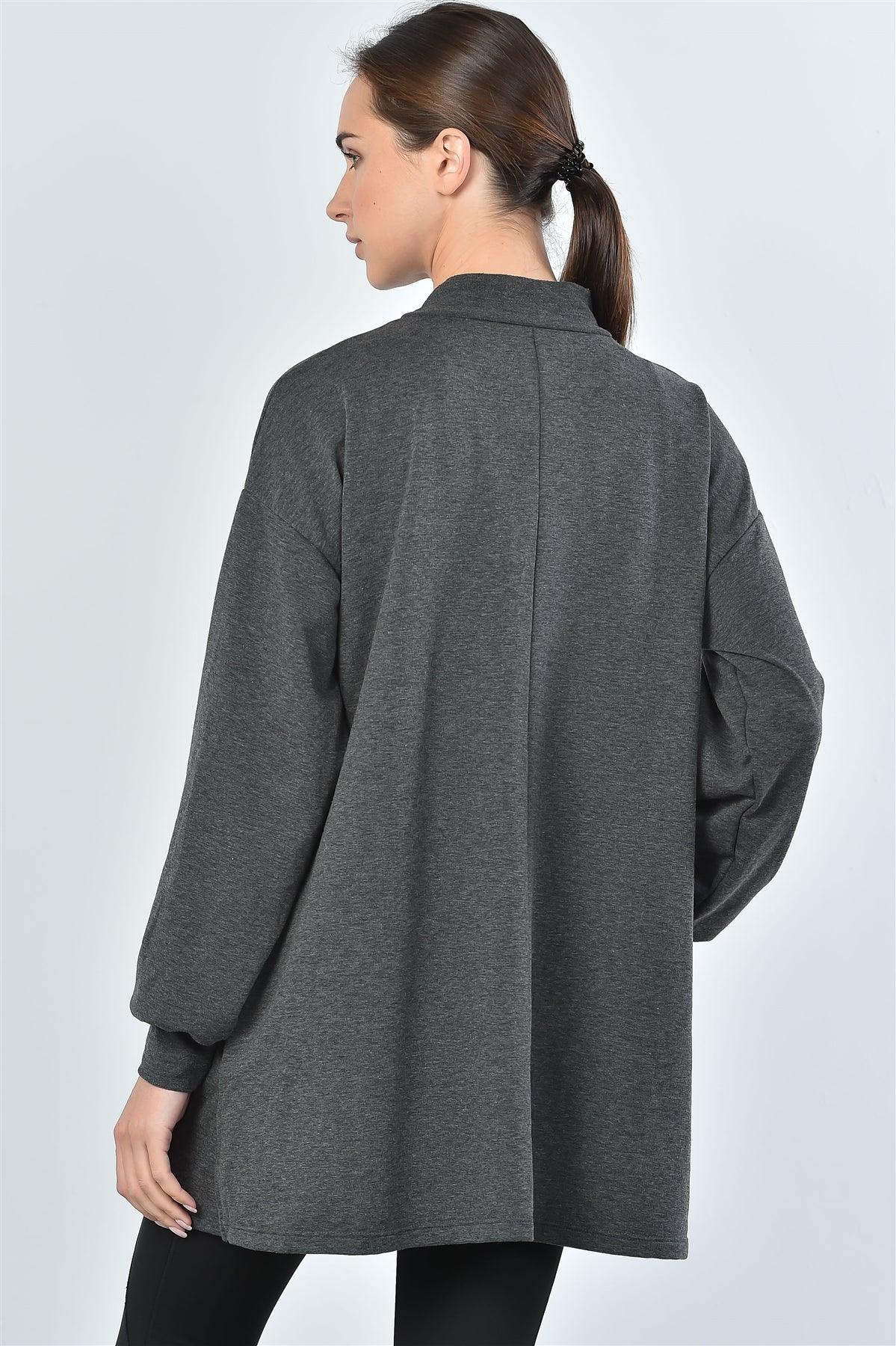 Charcoal Stand Up Collar Sweat Shirt Side Slit Top / 2-2-2