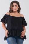 Junior Plus Black Off-The-Shoulder Sort Sleeve Square Neck Ruffle Top /3 Piece - Tasha Apparel Wholesale