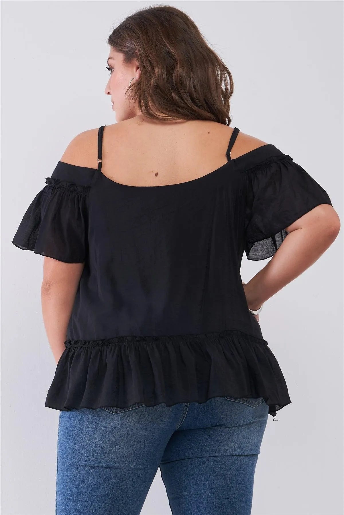 Junior Plus Black Off-The-Shoulder Sort Sleeve Square Neck Ruffle Top /3 Piece - Tasha Apparel Wholesale