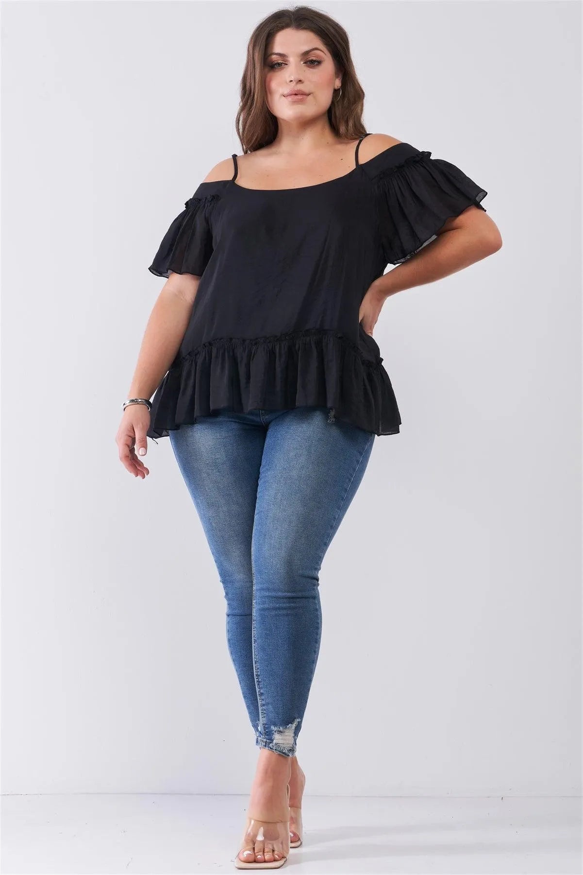 Junior Plus Black Off-The-Shoulder Sort Sleeve Square Neck Ruffle Top /3 Piece - Tasha Apparel Wholesale