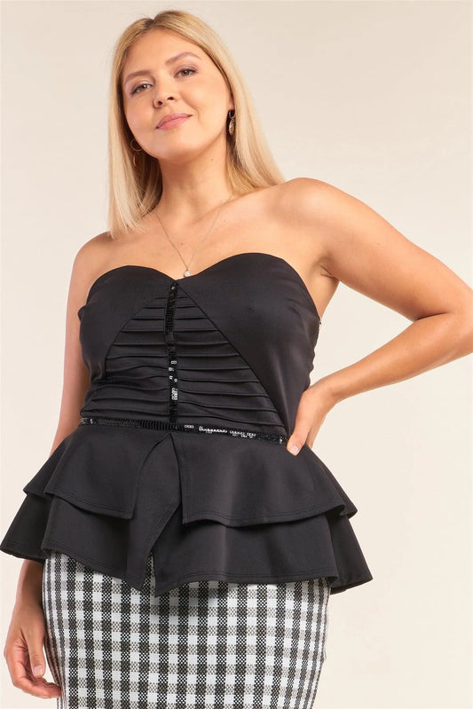 Junior Plus Size Black Sleeveless Ribbed Front Corset Inspired Sequin Detail Layered Flared Hem Party Top /2-2-2 - Tasha Apparel Wholesale