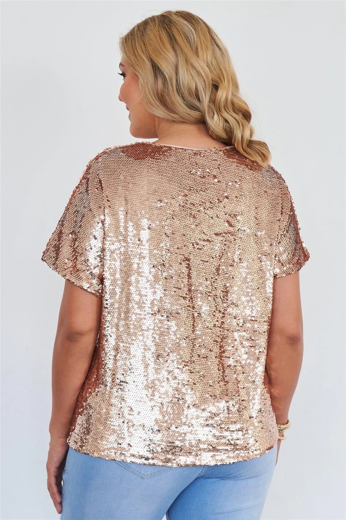 Junior Plus Size Rose Gold Short Sleeve Sequin Top /2-2-2-1 - Tasha Apparel Wholesale