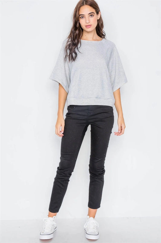 Heather Grey Raw Hem Neckline Relaxed Fit Sweater /2-2 - Tasha Apparel Wholesale
