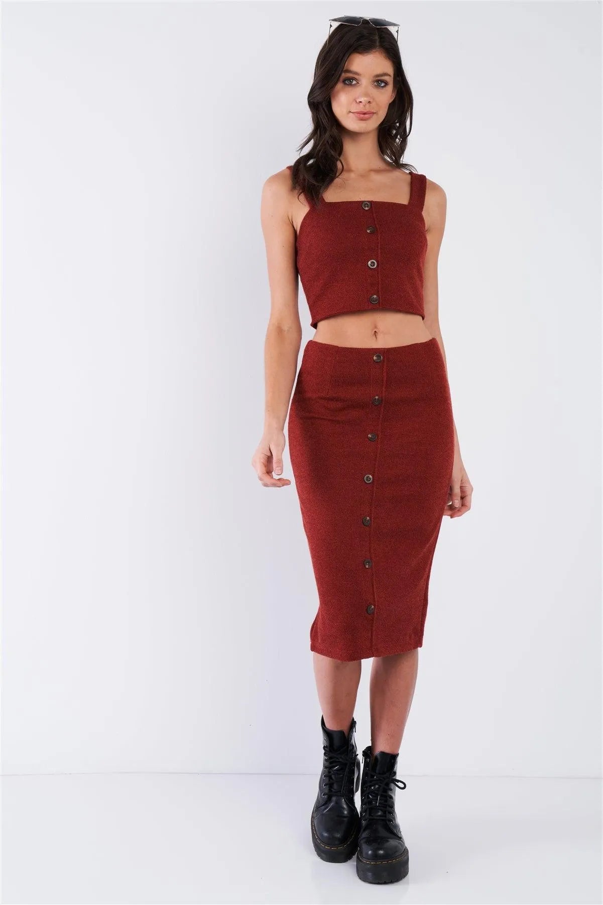 Rust Red Mock Button U-Shape Hem Crop & Midi Bodycon Skirt Set /1-2-2 - Tasha Apparel Wholesale
