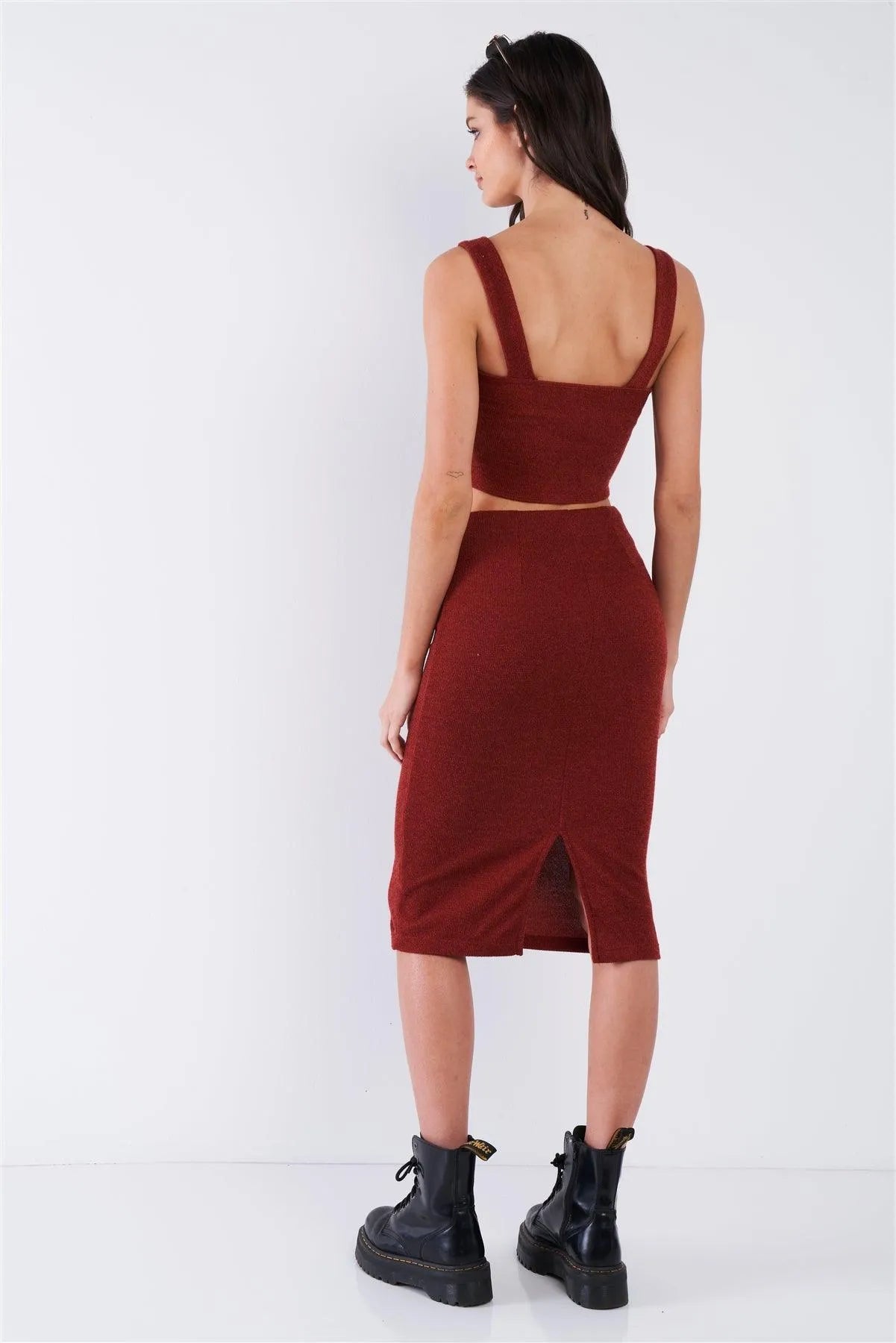 Rust Red Mock Button U-Shape Hem Crop & Midi Bodycon Skirt Set /1-2-2 - Tasha Apparel Wholesale