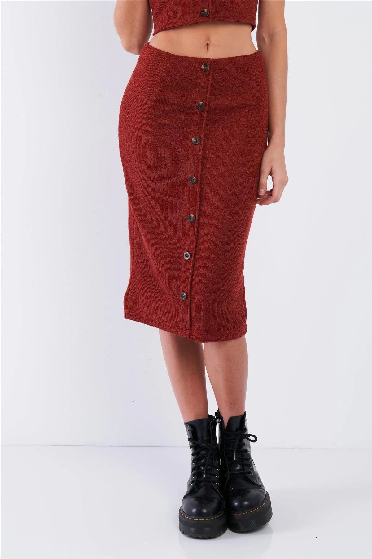 Rust Red Mock Button U-Shape Hem Crop & Midi Bodycon Skirt Set /1-2-2 - Tasha Apparel Wholesale