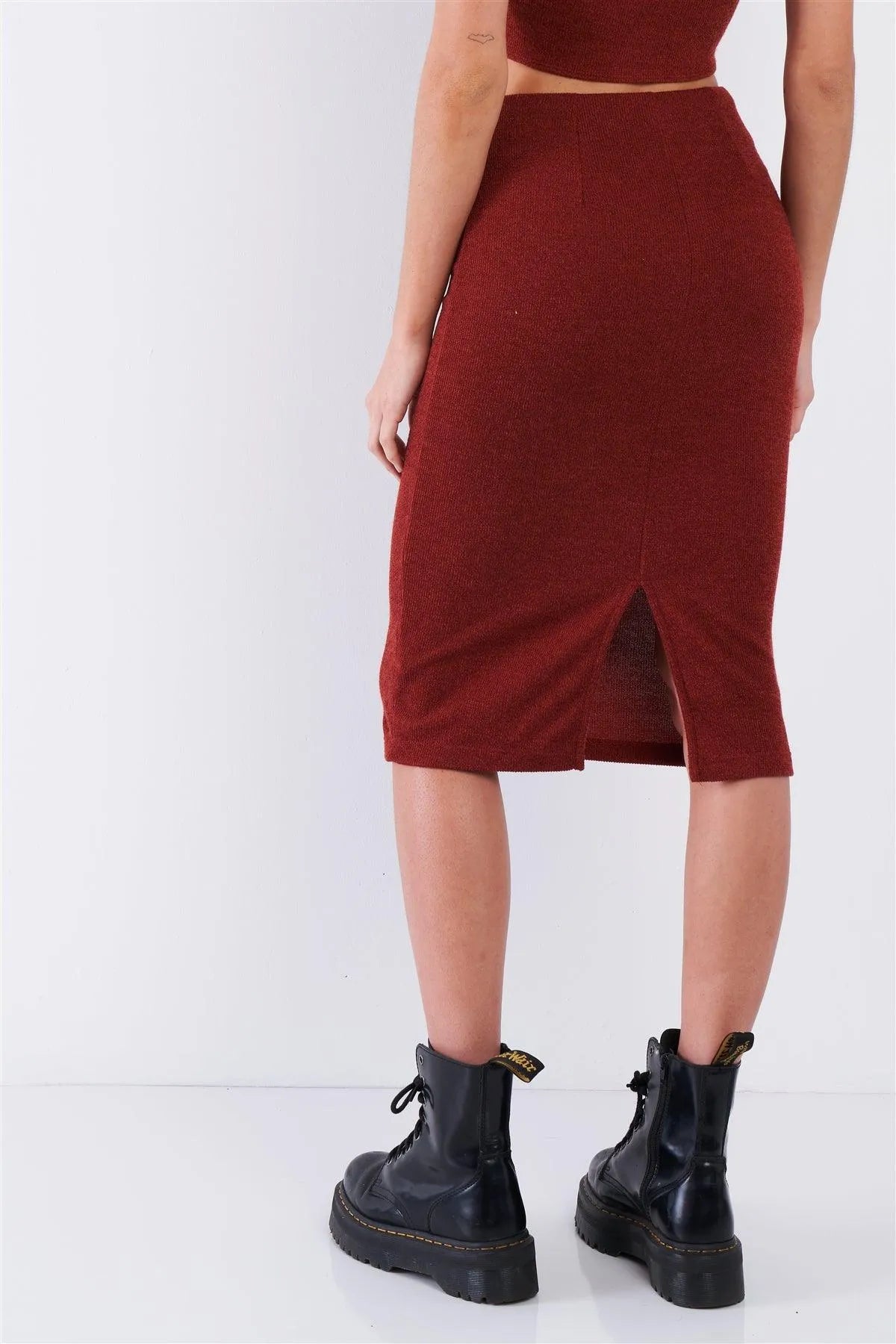 Rust Red Mock Button U-Shape Hem Crop & Midi Bodycon Skirt Set /1-2-2 - Tasha Apparel Wholesale