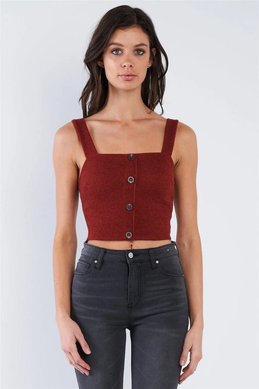 Rust Red Mock Button U-Shape Hem Crop Top /2-2-2 - Tasha Apparel Wholesale